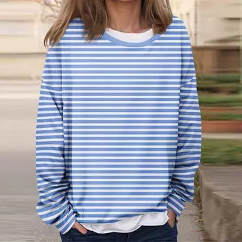 Женская повседневная модная винтажная печатная толстовка с длинным рукавом и круглым вырезом, многослойный пуловер L синий