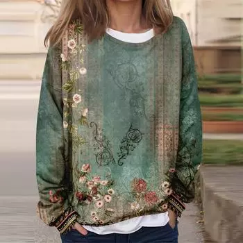 Женская повседневная модная винтажная печатная толстовка с длинным рукавом и круглым вырезом, многослойный пуловер XXL зелёный