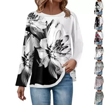 Женская повседневная модная винтажная толстовка с длинным рукавом и круглым вырезом с принтом, многослойный пуловер, топ L циан