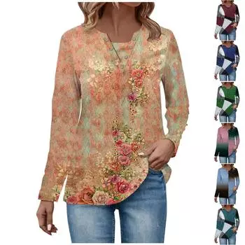 Женская повседневная модная винтажная толстовка с длинным рукавом и v-образным вырезом с принтом, многослойный пуловер, топ L оранжевый