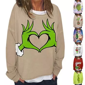 Женская повседневная модная винтажная толстовка с длинным рукавом и круглым вырезом с принтом, многослойный пуловер, топ XXXL зелёный