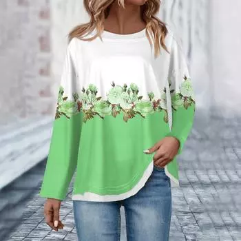 Женская повседневная модная винтажная толстовка с длинным рукавом и круглым вырезом с принтом, многослойный пуловер, топ XXL зелёный