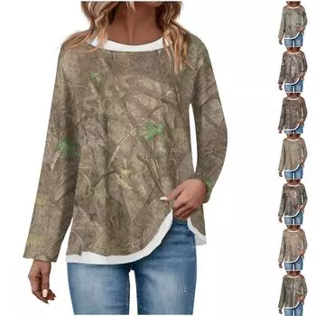 Женская повседневная модная винтажная толстовка с длинным рукавом и круглым вырезом с принтом, многослойный пуловер XL кофейный