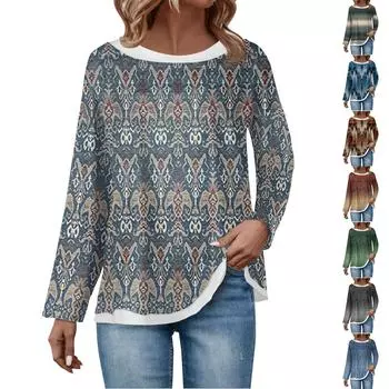 Женская повседневная модная винтажная толстовка с длинным рукавом и круглым вырезом с принтом, многослойный пуловер, топ L коричневый