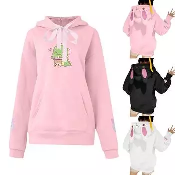 Женская повседневная модная вышитая толстовка с капюшоном и карманом с милыми кроличьими ушками и принтом динозавра L чёрный