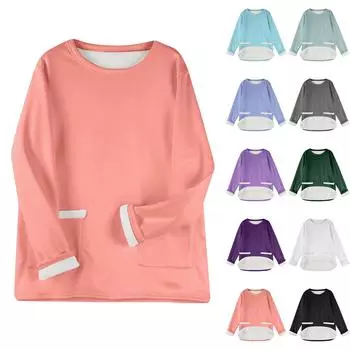 Женская повседневная модная зимняя однотонная плюшевая толстовка с круглым вырезом L чёрный