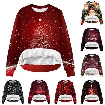 Женская повседневная модная зимняя толстовка с круглым вырезом и рождественским принтом из плюша L чёрный