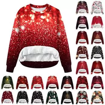 Женская повседневная модная зимняя толстовка с круглым вырезом и рождественским принтом из плюша XXXL золотой