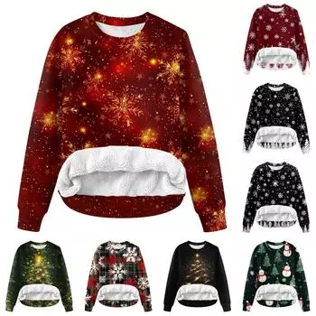 Женская повседневная модная зимняя толстовка с круглым вырезом и рождественским принтом из плюша XXL