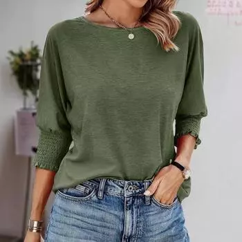 Женская повседневная мягкая футболка с круглым вырезом, три четверти, присборенная футболка с рукавами-фонариками, повседневная одежда, новый женский однотонный модный топ S белый