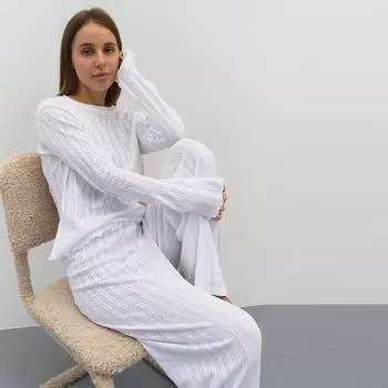 Женская повседневная мягкая тонкая пижама из двух частей, комплект с круглым вырезом, оборками, длинными рукавами, прямые брюки с высокой талией, домашний костюм S белый