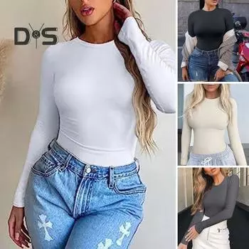 Женская повседневная нижняя рубашка с круглым вырезом и длинными рукавами, рубашка сплошного цвета, мягкие эластичные тонкие футболки, осень-зима, модное нижнее белье, одежда M чёрный