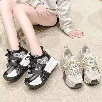 Женская повседневная обувь 7 см, женские кроссовки на танкетке, обувь Shake с блестками, модная прогулочная обувь для девочек, спортивная мягкая обувь 34 бежевый