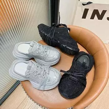 Женская повседневная обувь Baotou Half Slippers на танкетке с платформой и шнуровкой Silver Crystal Casual Working Shoes Women Size 35-40 35 чёрный