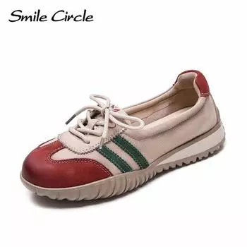 Женская повседневная обувь из натуральной кожи с круглым носком, на шнуровке, на плоской подошве, модные удобные кроссовки 35 красный