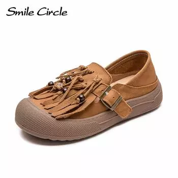 Женская повседневная обувь из натуральной кожи с круглым носком и кисточками на плоской подошве, модная удобная женская обувь 35 жёлтый