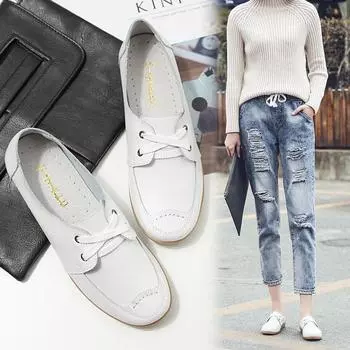 Женская повседневная обувь из натуральной кожи, мокасины со шнуровкой, круглый носок, резиновая подошва, туфли-лодочки, балетки женские, ретро, балетки на плоской подошве89 4 белый