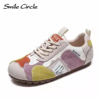 Женская повседневная обувь из натуральной кожи с круглым носком, на шнуровке, на плоской подошве, модные удобные кроссовки 35 розовый