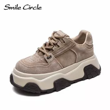 Женская повседневная обувь из натуральной кожи с круглым носком, увеличенная высота, толстая подошва, модные удобные кроссовки 34 бежевый