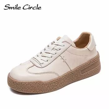 Женская повседневная обувь из натуральной кожи с круглым носком, на шнуровке, на толстой подошве, модная удобная обувь на плоской подошве 35 бежевый