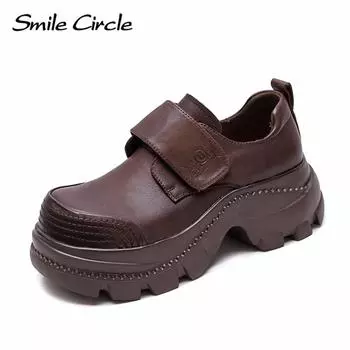 Женская повседневная обувь из натуральной кожи с круглым носком и пряжкой на толстой подошве, модные удобные мокасины 35 коричневый