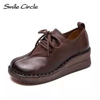 Женская повседневная обувь из натуральной кожи с круглым носком, увеличивающая рост, обувь на толстой подошве, модная удобная обувь на плоской подошве 35 коричневый