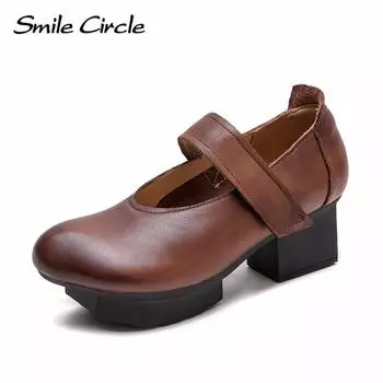 Женская повседневная обувь из натуральной кожи с круглым носком и увеличенным каблуком, модная удобная женская обувь 35 коричневый