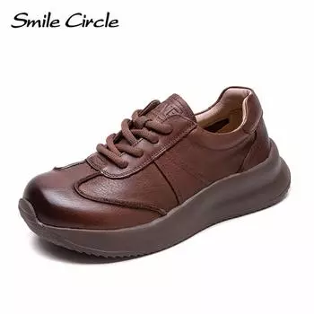 Женская повседневная обувь из натуральной кожи с круглым носком, увеличивающая рост, обувь на толстой подошве, модная удобная обувь на плоской подошве 35 коричневый