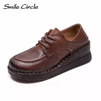 Женская повседневная обувь из натуральной кожи с круглым носком, на шнуровке, на толстой подошве, модная удобная обувь на плоской подошве 35 коричневый