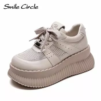 Женская повседневная обувь из натуральной кожи с круглым носком, увеличивающая рост, на толстой подошве, дышащая, удобная, плоская обувь 34 бежевый