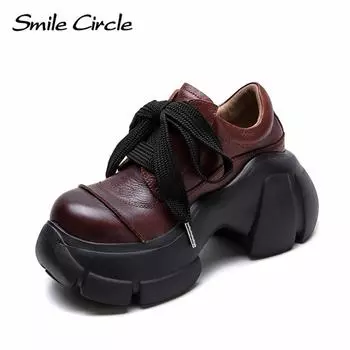 Женская повседневная обувь из натуральной кожи с круглым носком, увеличивающая рост, обувь на толстой подошве, модная удобная обувь на плоской подошве 34 коричневый