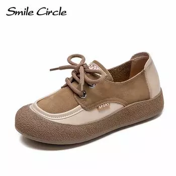 Женская повседневная обувь из натуральной кожи с круглым носком и шнуровкой на плоской подошве, модная удобная женская обувь 35