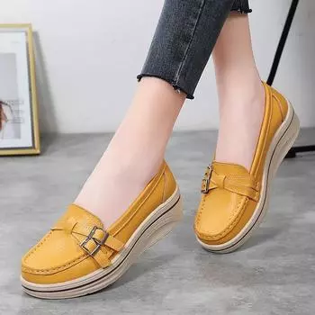 Женская повседневная обувь Кожаные лоферы на танкетке Женские прогулочные без шнуровки Женская легкая удобная обувь Мокасины Туфли-лодочки 35 бежевый