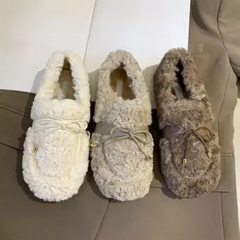 Женская повседневная обувь на плоской подошве, теплые плюшевые мокасины без застежек, женские меховые шлепанцы, удобная обувь для спальни 35 бежевый