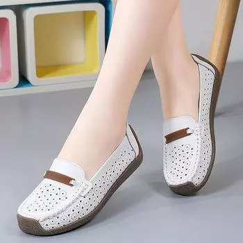 Женская повседневная обувь Туфли на плоской подошве Туфли на плоской подошве Дизайнерские кроссовки Кожаные летние полые дышащие женские туфли 35 покинуть белый