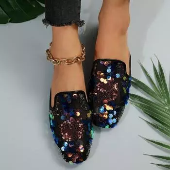 Женская повседневная обувь, украшенная пайетками, тапочки с квадратным носком и плоской подошвой, удобные сандалии на платформе, шлепанцы, пляжные тапочки для отдыха на открытом воздухе 37 чёрный