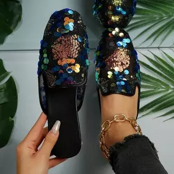 Женская повседневная обувь, украшенная пайетками, тапочки с квадратным носком и плоской подошвой, удобные сандалии на платформе, шлепанцы, пляжные тапочки для отдыха на открытом воздухе 37 чёрный