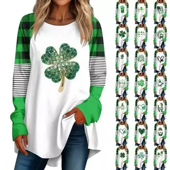 Женская повседневная одежда больших размеров с круглым вырезом и длинными рукавами St. Футболка с принтом ко Дню Святого Патрика, пуловер L