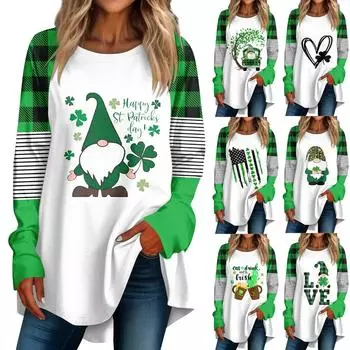 Женская повседневная одежда больших размеров с круглым вырезом и длинными рукавами St. Футболка с принтом ко Дню Святого Патрика, пуловер L