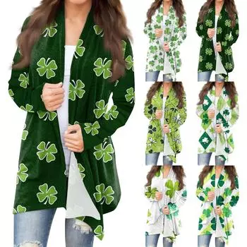 Женская повседневная одежда с длинными рукавами St. Женский кардиган с принтом ко Дню Святого Патрика и верхнее пальто L армия зеленый