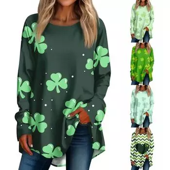 Женская повседневная одежда с круглым вырезом St. Футболка с длинными рукавами и принтом ко Дню Святого Патрика XXL зелёный