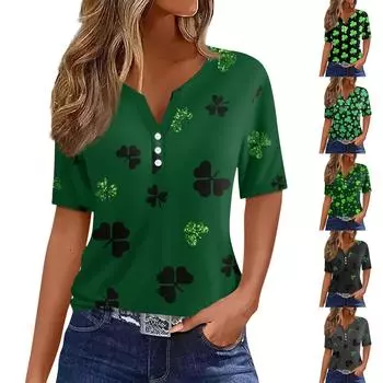 Женская повседневная одежда St. Футболка с короткими рукавами и V-образным вырезом, декоративными пуговицами и принтом ко Дню Святого Патрика L армия зеленый
