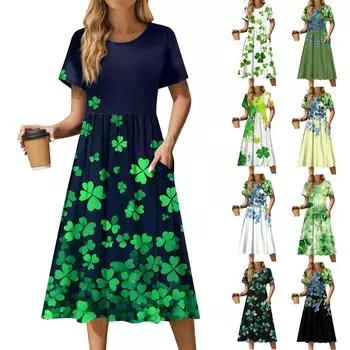Женская повседневная одежда St. Платье миди с принтом Патрика, плиссированное, с круглым вырезом, базовое классическое повседневное платье свободного кроя с коротким рукавом XXXL чёрный