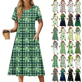 Женская повседневная одежда St. Платье миди с принтом Патрика, плиссированное, с круглым вырезом, базовое классическое повседневное платье свободного кроя с коротким рукавом XXL зелёный
