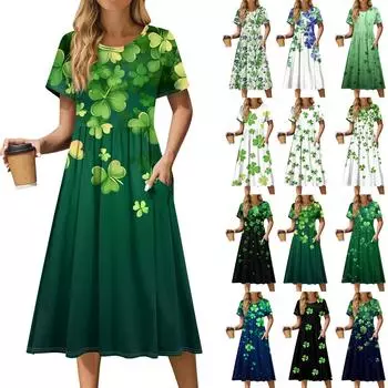 Женская повседневная одежда St. Платье миди с принтом Патрика, плиссированное, с круглым вырезом, базовое классическое повседневное платье свободного кроя с коротким рукавом XXL циан