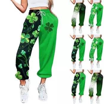 Женская повседневная одежда St. Повседневные брюки с эластичной резинкой на талии и принтом Дня Святого Патрика L
