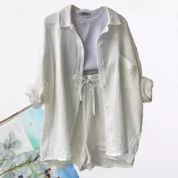 Женская повседневная одежда, универсальная летняя модная офисная блузка на пуговицах из двух предметов, шорты на шнуровке, одежда для путешествий 2XL фиолетовый