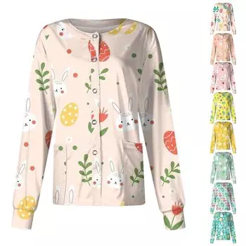 Женская повседневная однобортная одежда с длинным рукавом и пасхальным принтом, кардиган, топ XXXL