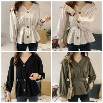 Женская повседневная однотонная блузка с v-образным вырезом на пуговицах и длинным рукавом, сексуальные свободные рубашки с v-образным вырезом XL
