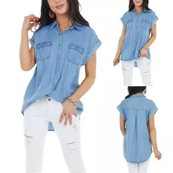 Женская повседневная однотонная джинсовая футболка с v-образным вырезом и карманом с коротким рукавом XXL синий